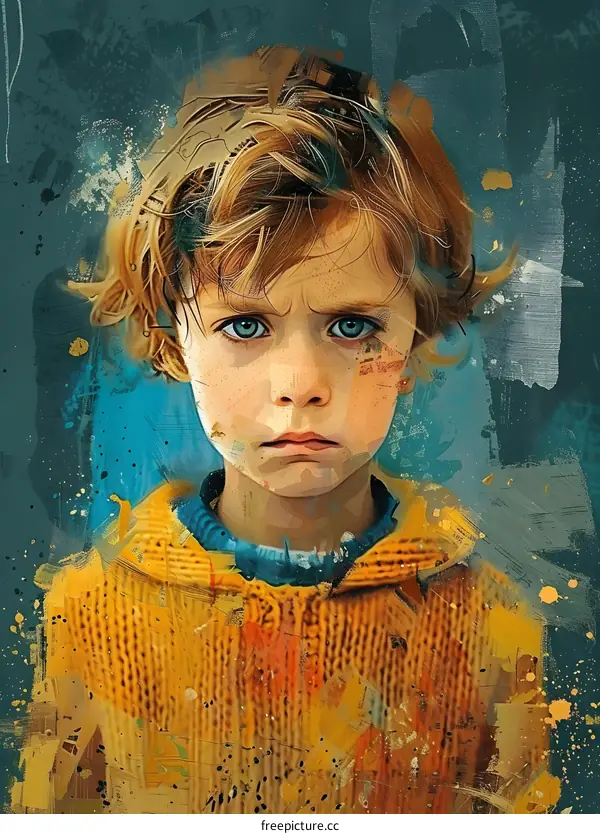 Portrait of a Young Boy with Blue Eyes and Sad Expression