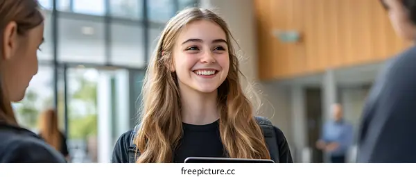 Smiling Young Woman in a Modern Building