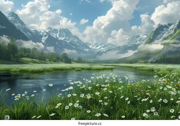 Serene River Valley with Snow-Capped Mountains