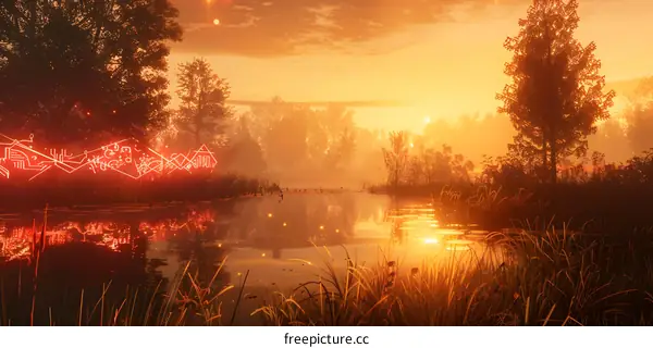 fantasy forest lake sunset landscape