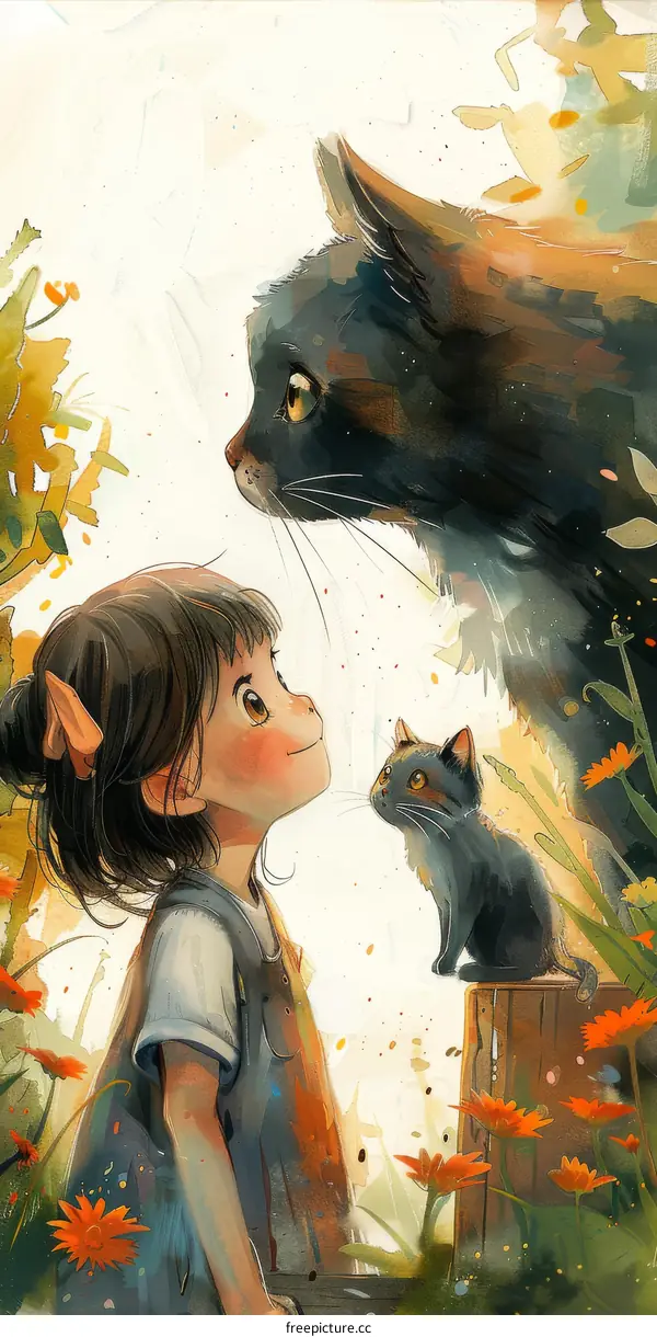 Little Girl and Cats in the Garden
