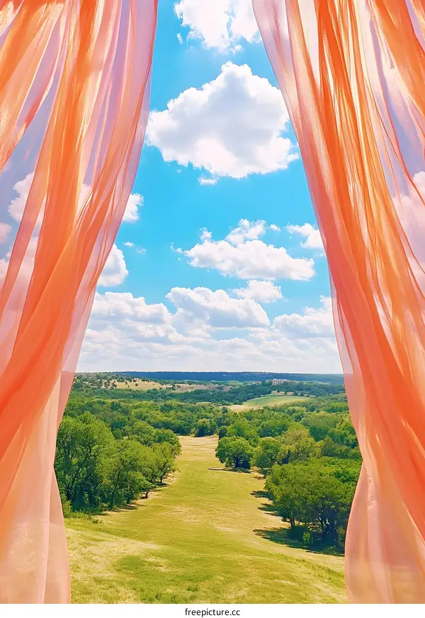 Open Curtains Reveal a Scenic View of a Green Meadow and Blue Sky