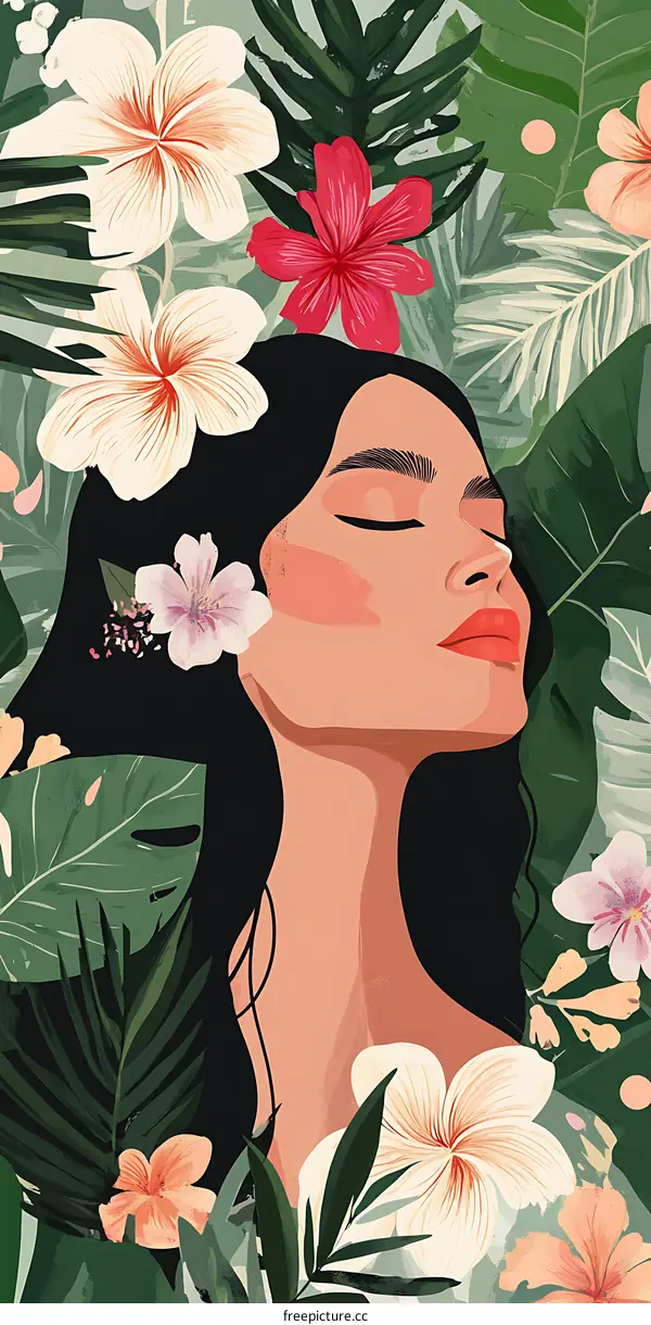Woman with Closed Eyes in Tropical Flowers