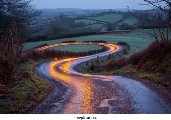 A wet road winds through a rural landscape