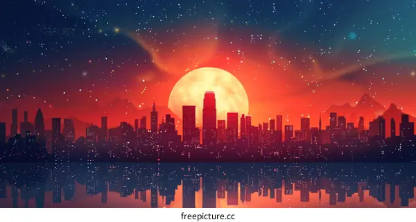 cityscape with a large moon and stars
