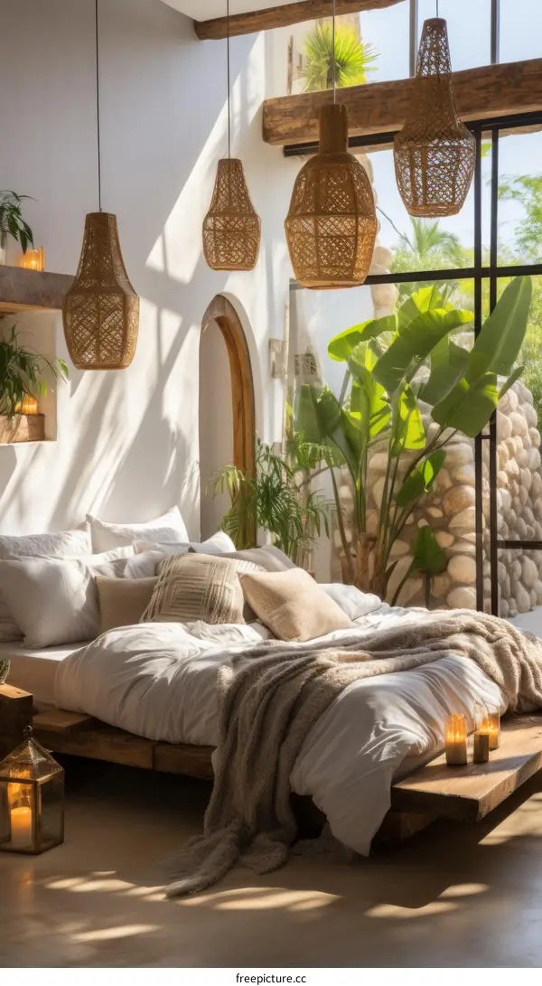 Bohemian Bedroom Interior with Natural Light and Greenery