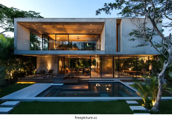 Modern Concrete House with Swimming Pool and Lush Greenery