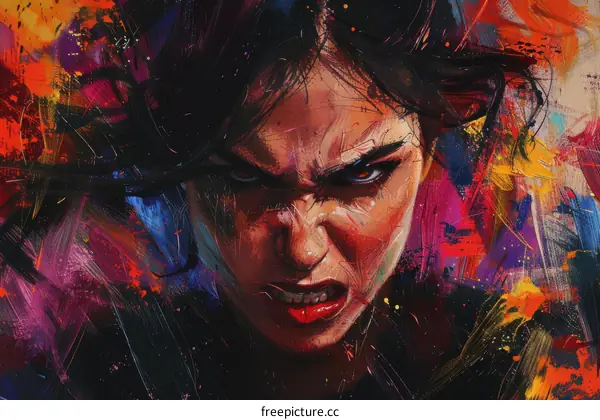 Portrait of a young woman with red lips and colorful background