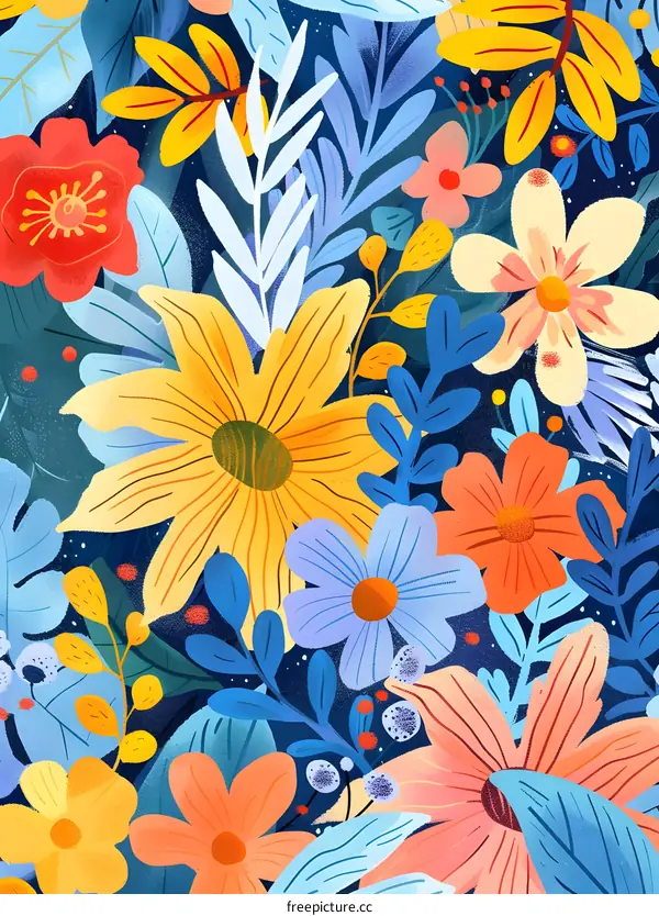 Colorful Floral Illustration with Blue Background