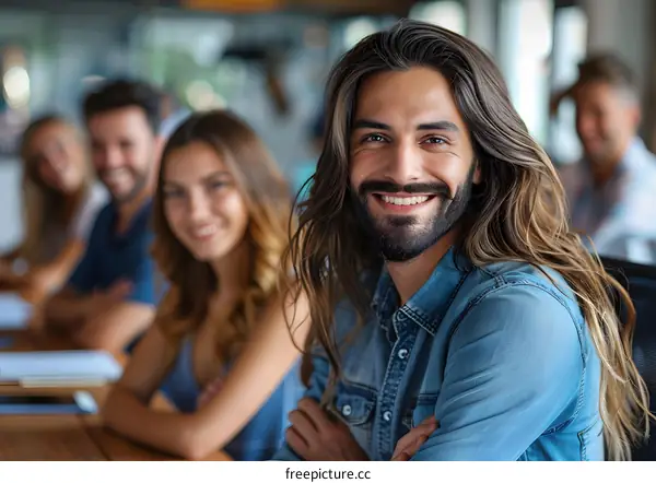 Portrait of a smiling man with long hair and beard