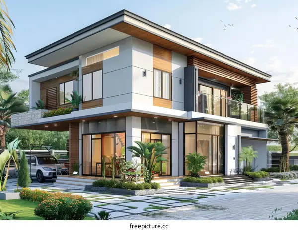 A modern two-story house with a flat roof and a garage