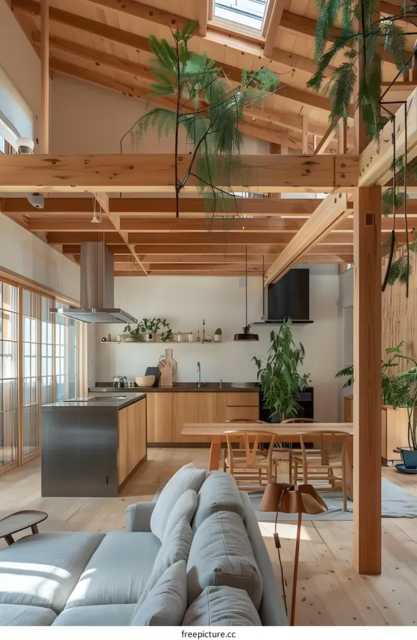 Modern Japanese Style Home Interior Design with Wooden Beams and Skylight