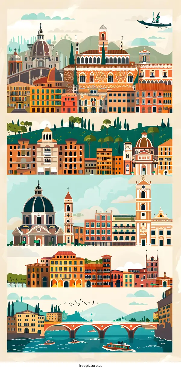 Colorful Illustration of Italian Cityscape with Buildings and Bridge
