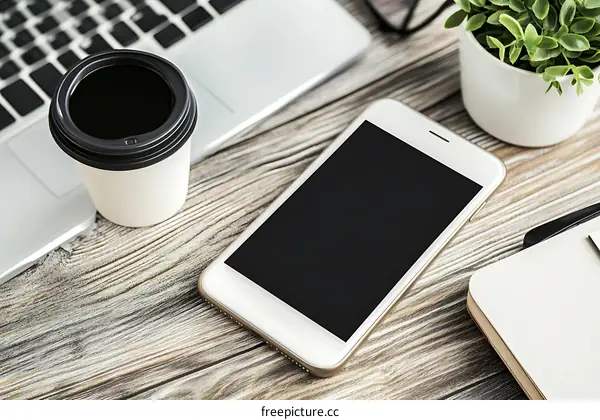 Close Up Of White Phone On Wooden Table