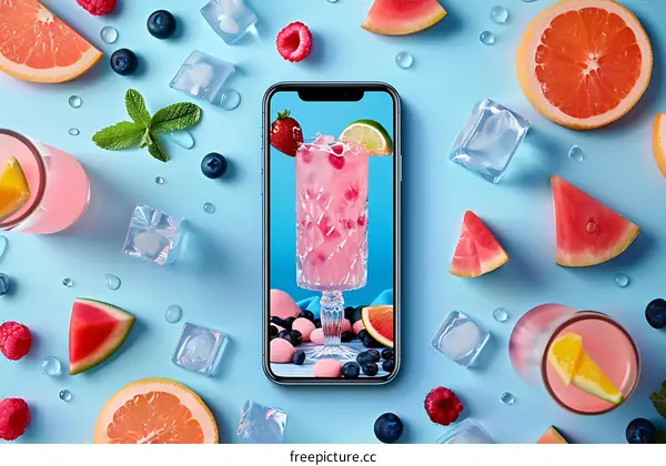 Summer Cocktail on Phone Screen Surrounded by Watermelon, Raspberries, and Ice Cubes