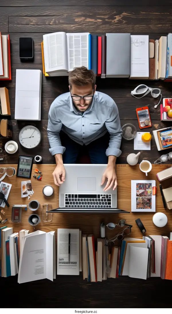 A man is working on his laptop in a messy office.