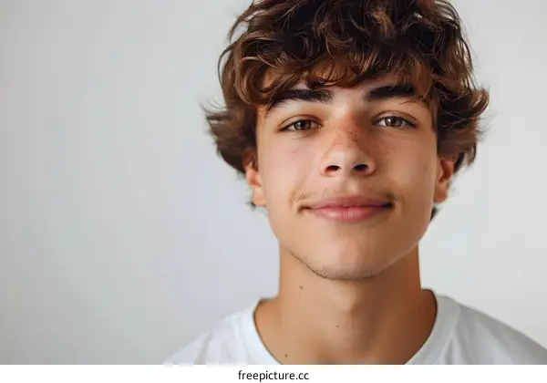 Portrait of a young man with curly brown hair and freckles