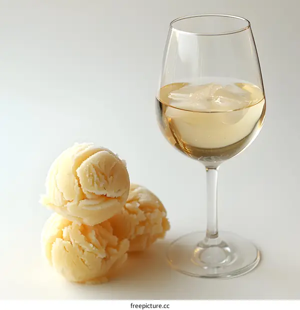 Three ice cream balls beside a glass of white wine