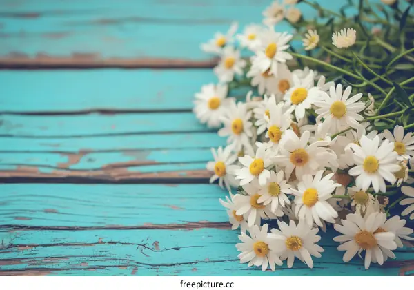 White daisies on a blue wooden background