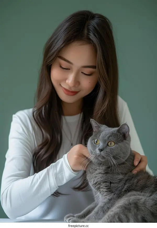 A young woman is petting a gray cat