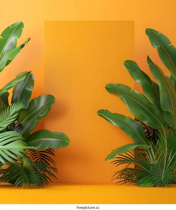 Tropical Leaves on Yellow Background with Blank Space