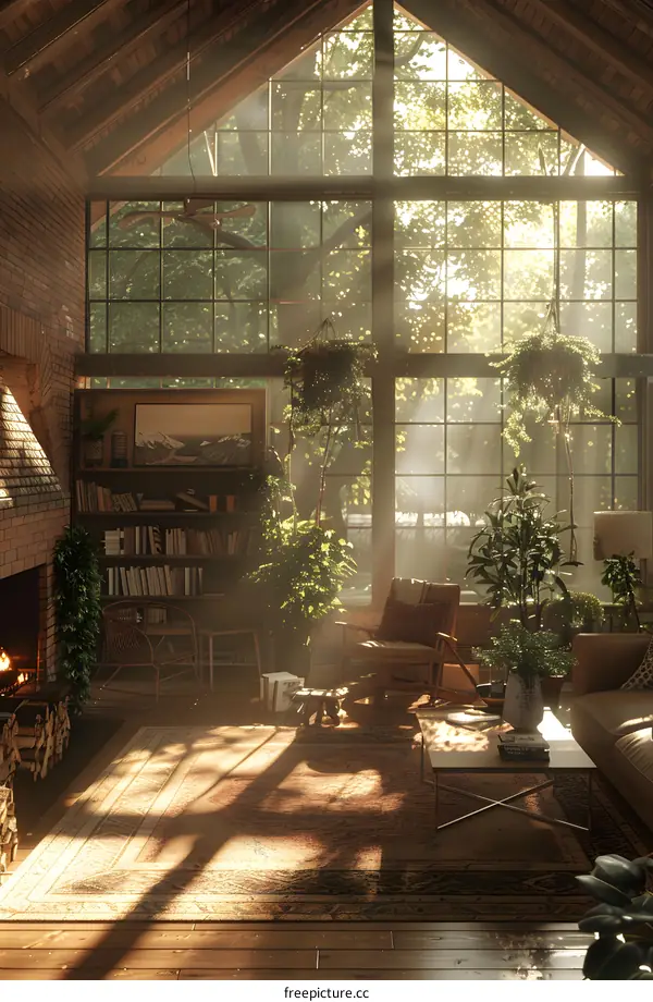 Sunlight Streaming Through Large Windows In A Cozy Living Room