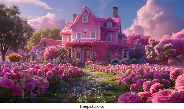 Pink Dream House in a Field of Flowers