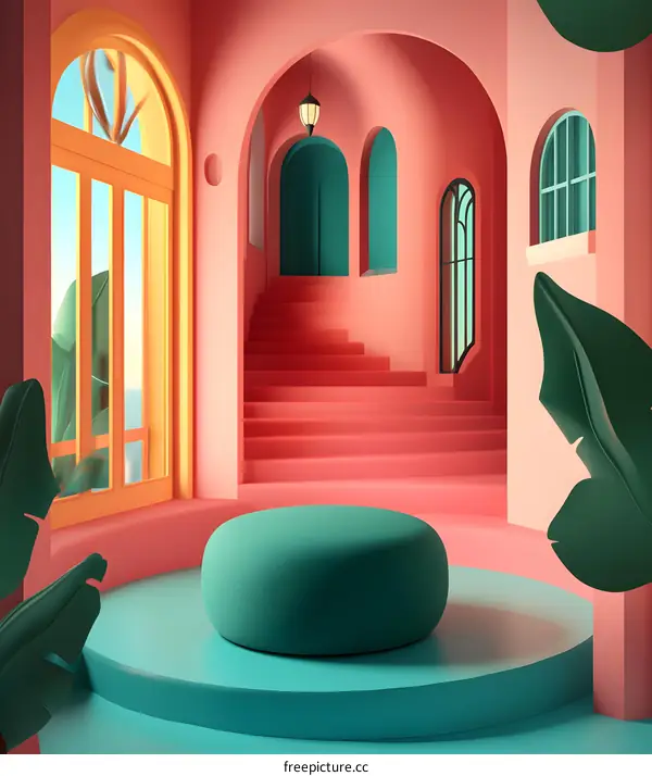 Abstract 3D Illustration of Room with Green Platform and Stairs