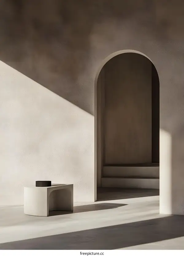 Modern Minimalist Interior Design With Arched Doorway and Concrete Side Table
