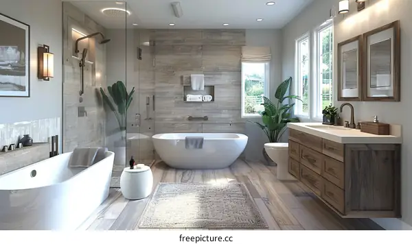A bathroom with a large bathtub, a separate shower, and a wooden vanity.