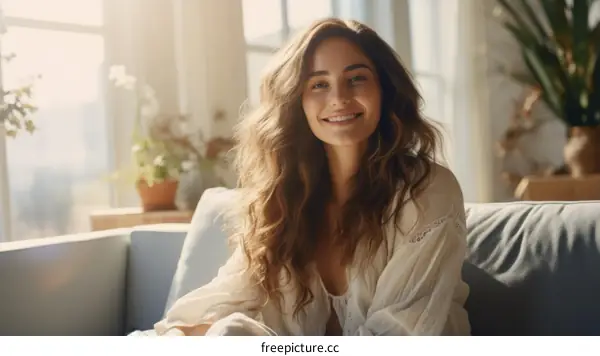Portrait of a smiling young woman with long brown hair sitting on a couch in a sunny room