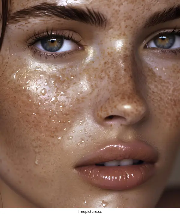 Close-up portrait of a young woman with freckles and wet skin