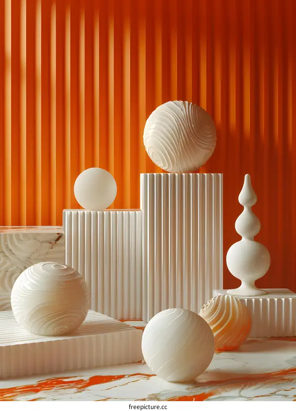 White Geometric 3D Shapes and Pedestals. Modern Abstract Art Design