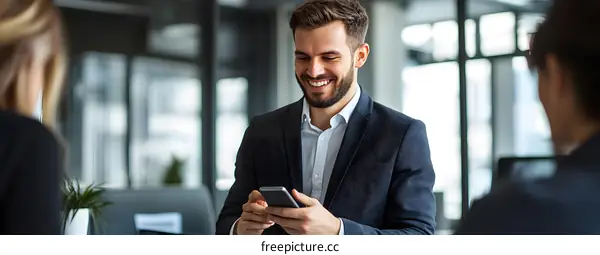 Smiling Businessman Using Smartphone in Office
