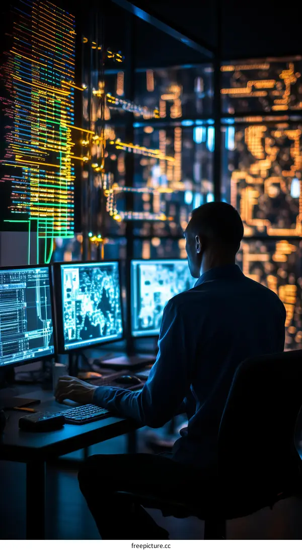 A young male software engineer sits at his desk in a dark room and stares at the code on his computer screens.
