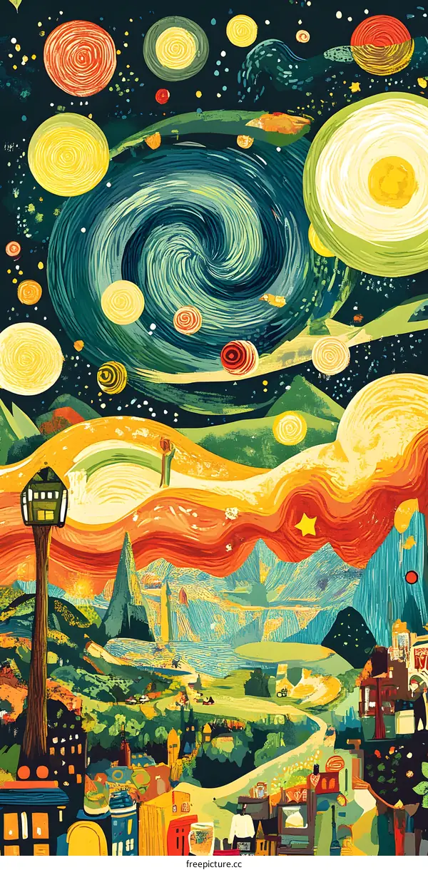 Abstract Night Sky With Swirling Stars and Planets