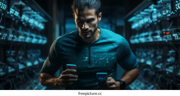 muscular man in athletic clothing holding two phones in a room with blue lighting