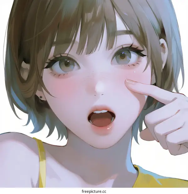 A young woman with short hair pointing at her cheek in surprise