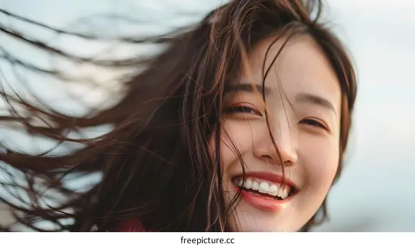 Woman With Windblown Hair Smiling