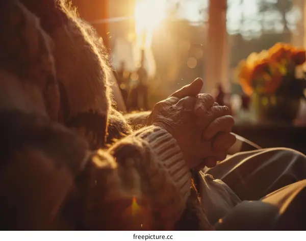 An Elderly Person Sits in a Chair with Their Hands Folded