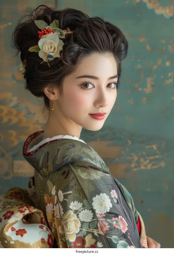 Portrait of a beautiful Japanese woman in traditional kimono