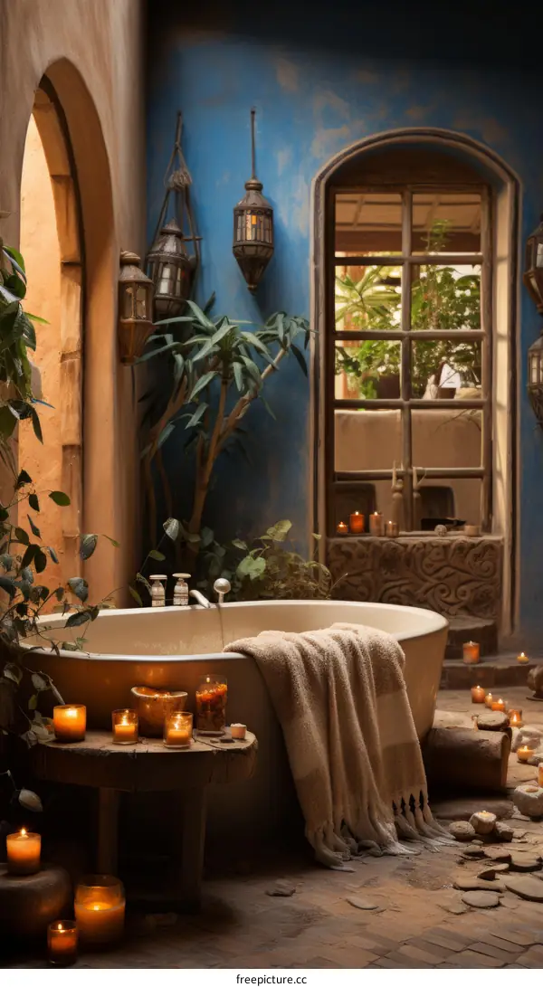 Relaxing Bathroom Oasis with Candles and Plants