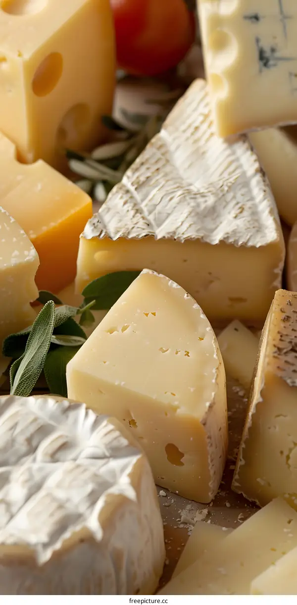 Assortment of Creamy and Hard Cheeses with Sage Leaves