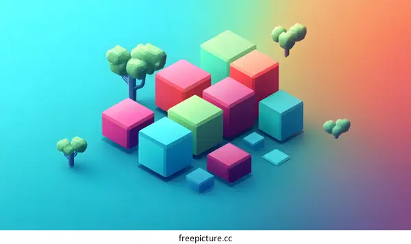 Abstract Low Poly Art with Colorful Cubes and Trees