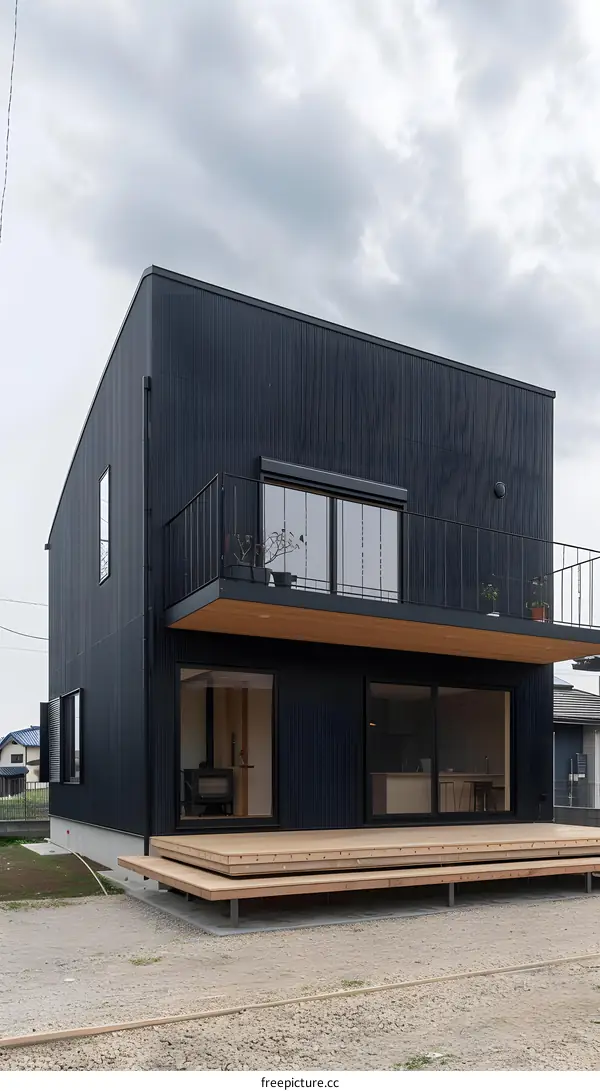 Modern Black House with Wooden Deck and Balcony