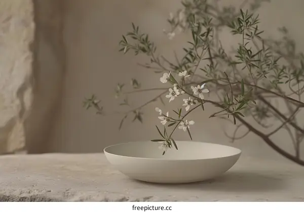 White Bowl with Greenery and White Flowers