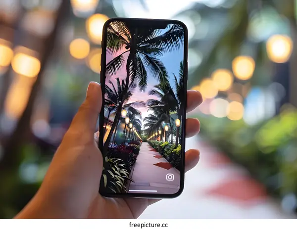 Hand Holding a Phone with a Palm Tree Landscape