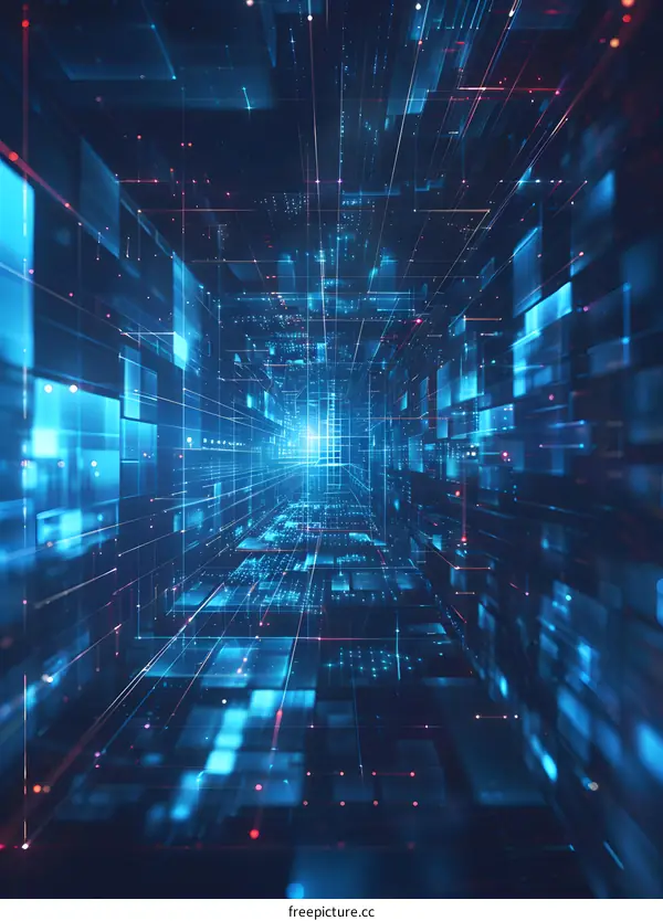 Blue technology background with squares and lines.