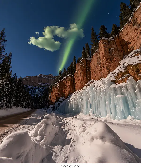 Night Sky With Aurora Borealis Over Snowy Landscape