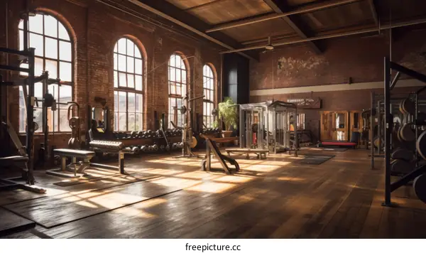 Vintage industrial style empty gym interior with brick walls and large windows